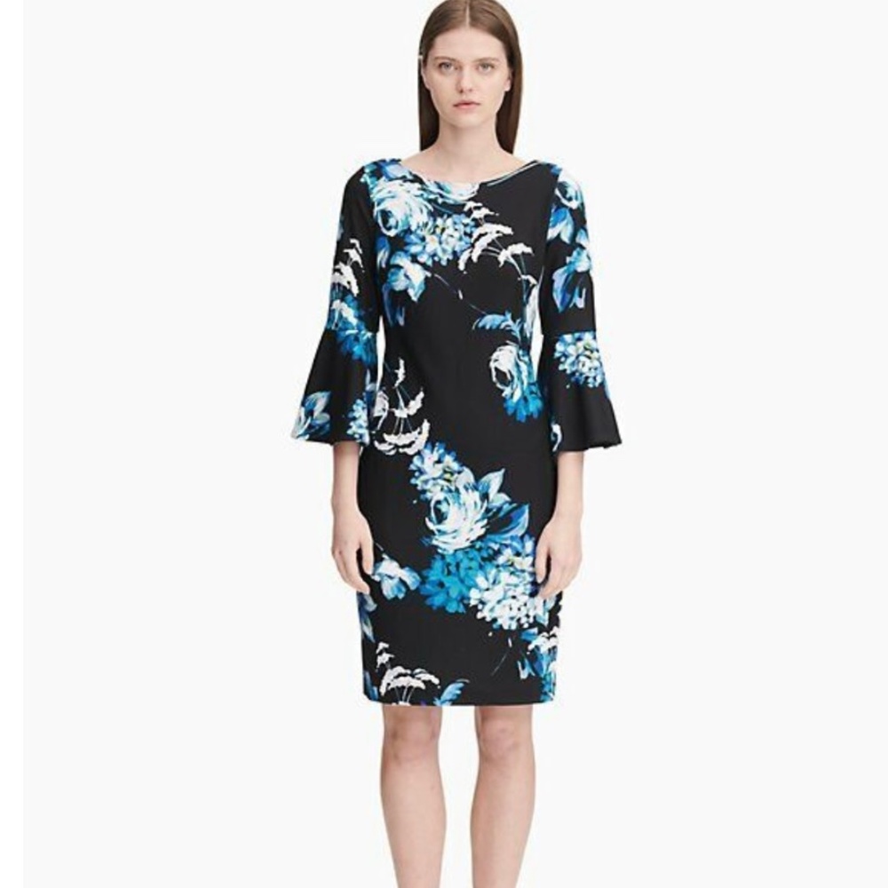Calvin Klein Bell-Sleeve Floral Sheath Dress Woman NWT $138